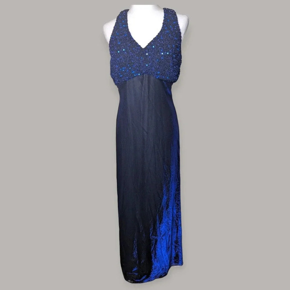 Y2K Prom Dress Iridescent Blue Sparkly Strappy Floor-Length Formal Gown 2000s - Picture 11 of 12